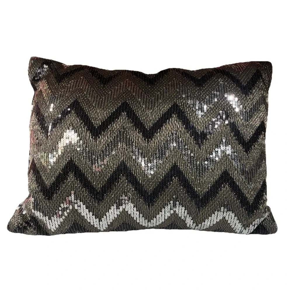 Oblong Sequined Throw Pillow Black & Silver Pillow Sequins 11 X 15